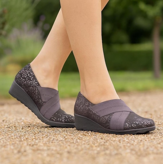 Black Suede Floral Wedges: Arch Support Comfort Shoes (UK Size 5)