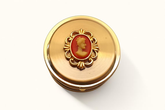 Vintage Pillbox: 1960s Gold Metal, Cameo Design, Round Victorian Case, Made in England