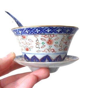 Elegant Vintage Porcelain soup set with Hand Painted Bowl, underplate, and spoon in Blue White China. This Ceramic Trio blends Traditional China aesthetics with Minimalist Chic and Châteaucore Style charm. A refined Elegant Gift and thoughtful Eco Vintage Gift, it suits collectors seeking Porcelain Tableware and unique Retro Kitchenware. Ideal as a Soup Bowl Set or Collectors Item for sustainable, stylish living.