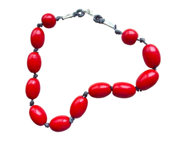 Chunky Red Bead Wood Necklace Stackable with Grey… - image 9