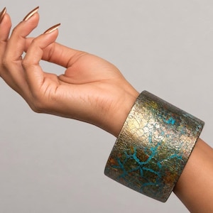 Oxidized Copper Look Abstract Bangle Set In Wood Resin, Orange Patina Stacked Statement Three Sizes, Contemporary UK Made