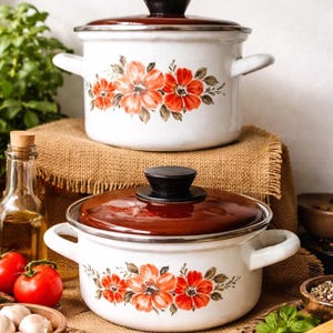 Spring 70s Enamel Pots Floral Steel Cookware Set Vintage Duo
