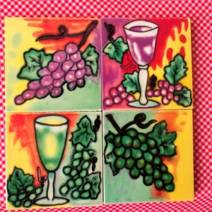 Hand-Painted Grape Tile Décor - Rustic Farmhouse Ceramic Coasters, Vintage Charm Gift, Sustainable Kitchen Accent