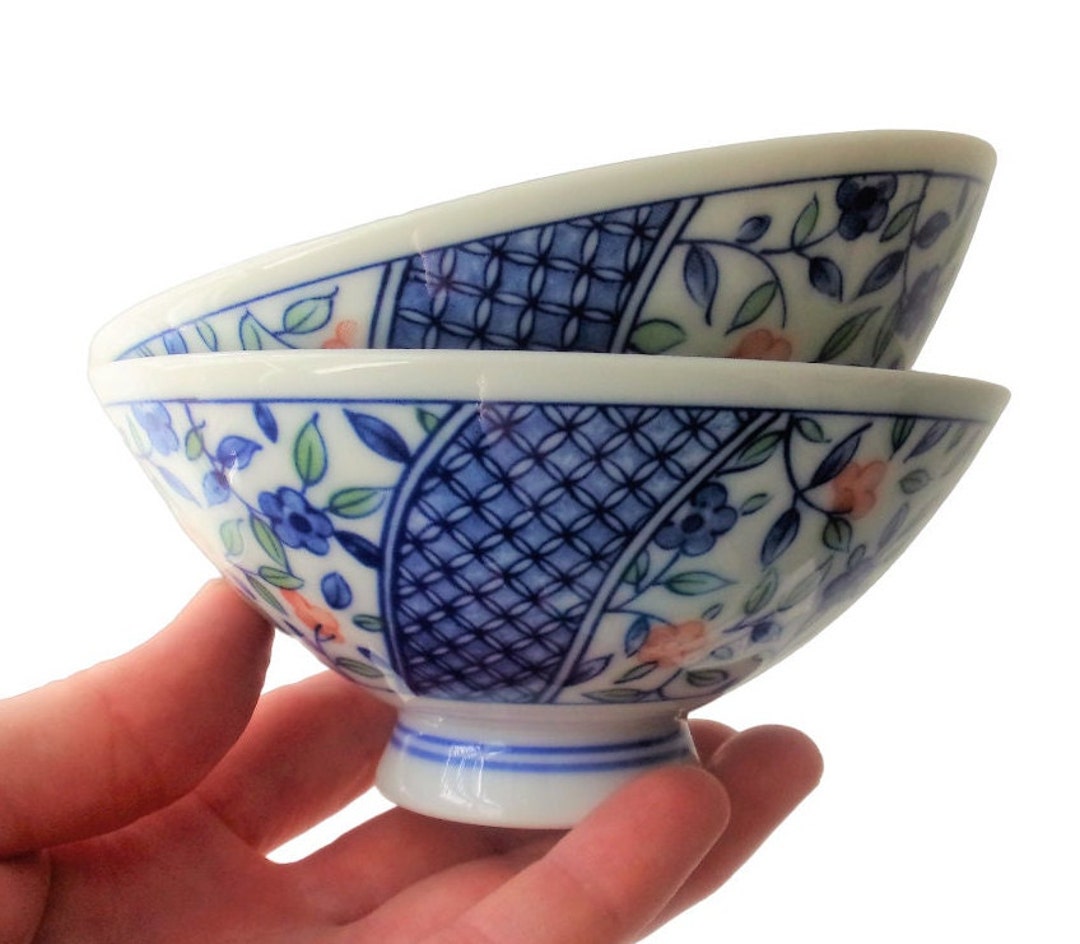 Rice Soup Bowl Set Porcelain Blue White Rice Bowls Footed Etsy