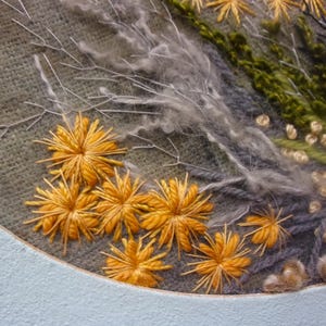 A detailed macro close-up of a hand-embroidered floral meadow study showcasing dense orange and yellow wool yarn sunburst blooms, fine white and green branching stitches, and tightly clustered French knots on a textured linen background, framed by a light blue oval mount.