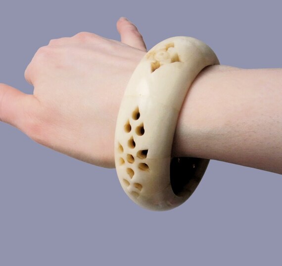 Vintage Boho Bangle Chunky Horn Bone Bracelet wit… - image 9