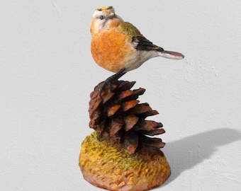 Robin Figurine: 1980s Folk Style, Porcelain Material, Pine Cone Base, Orange & Brown Colour