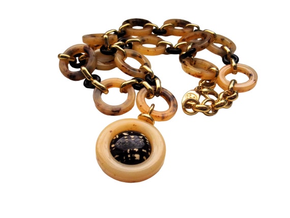 Art Deco Chain Link Pendant Necklace Faux Tortois… - image 1