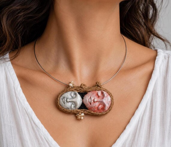 Cameo Dual‑Face Sculptural Pendant • Air‑Dry Clay Necklace • Statement Choker • Handmade in UK