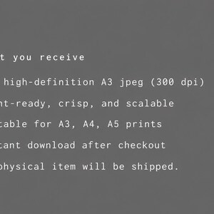 Informational graphic listing the digital download details: one high‑resolution A3 JPEG file, print‑ready at 300 DPI, no physical item included.