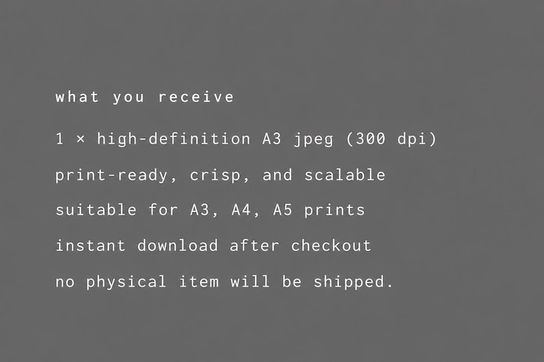 Informational graphic listing the digital download details: one high‑resolution A3 JPEG file, print‑ready at 300 DPI, no physical item included.