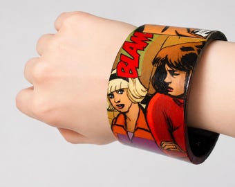 Comic Book Bangle: Retro Pop Art Style, Chunky Resin Cuff, Handmade Graphic Bracelet