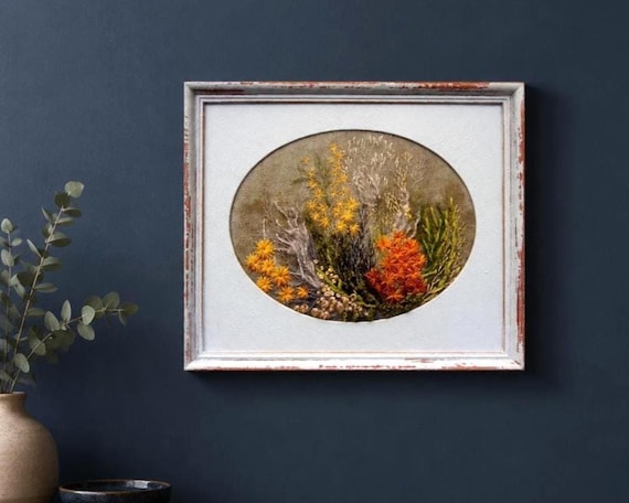 Cottagecore Wall Art - Vintage 1980s Fiber Artwork - Embroidered Meadow Frame - Textile Flower Gift - Cozy Home Aesthetics Decor