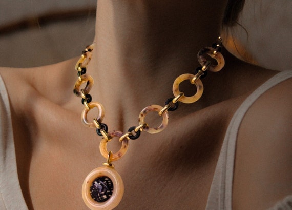 Art Deco Chain Link Pendant Necklace Faux Tortois… - image 10