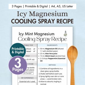 DIY Icy Mint Magnesium Cooling Spray Recipe Card Printable | Natural Refreshing Body Mist | Homemade Cooling Muscle & Skin Spray Digital PDF