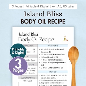 DIY Island Bliss Körperöl Rezept zum Ausdrucken | Digitales Kokosnuss-, Vanille- und Limetten-Feuchtigkeitsöl | Natürliche tropische Aromatherapie-Hautpflege-Karte