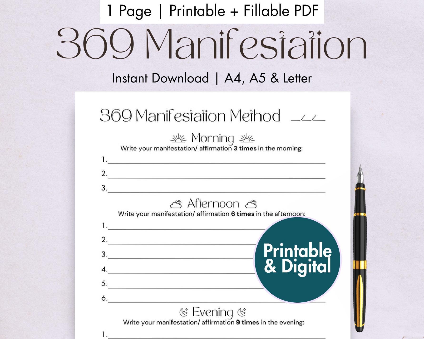 369 Manifestation Journal Printable Digital 369 Method Template Law of Attraction Planner LOA Journal Prompts Manifestation Template