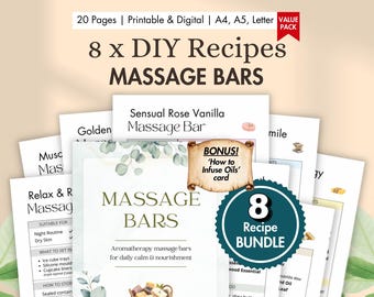 8 x DIY Massage Bar Recipe Cards Printable | Homemade Solid Massage Bars with Essential Oils & Natural Butters | Digital Body Care BUNDLE