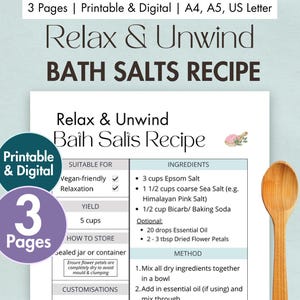 Recette DIY de sels de bain relaxants et relaxants imprimable | numérique sels de bain naturels | Sels de bain maison + huiles essentielles | Trempage respectueux de l'environnement