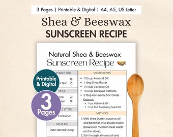 DIY Shea Butter & Beeswax Sunscreen Recipe Printable | Digital Homemade Suncream with Zinc Oxide | Natural Zero Waste Sunblock Recipe Card