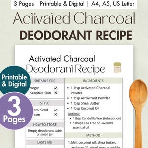 DIY Aktivkohle Deodorant Rezept Karte | Natürliche Deo-Creme mit ätherischen Ölen | Keine Backpulver Hautpflege | Druckbar & Digital