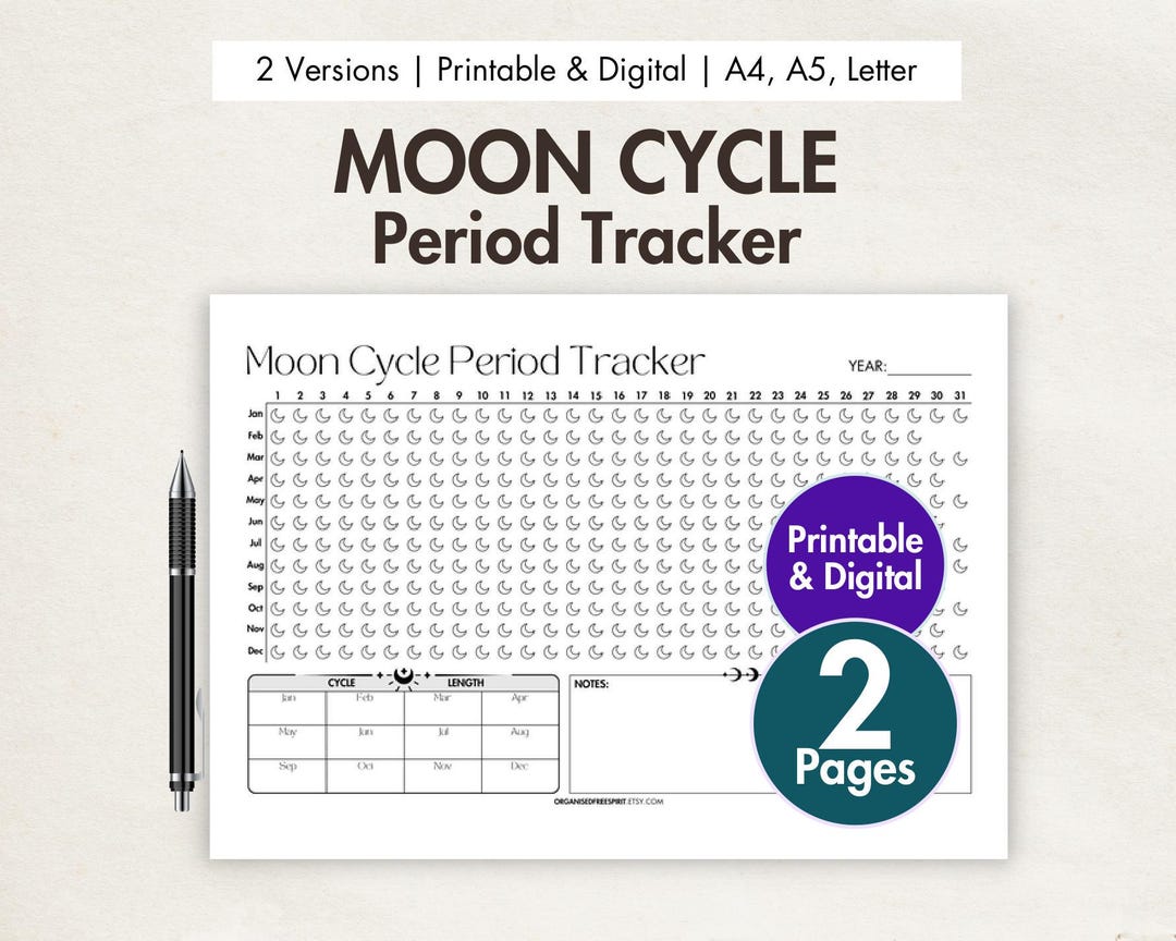Moon Cycle Period Tracker Printable & Digital Period Log Annual ...