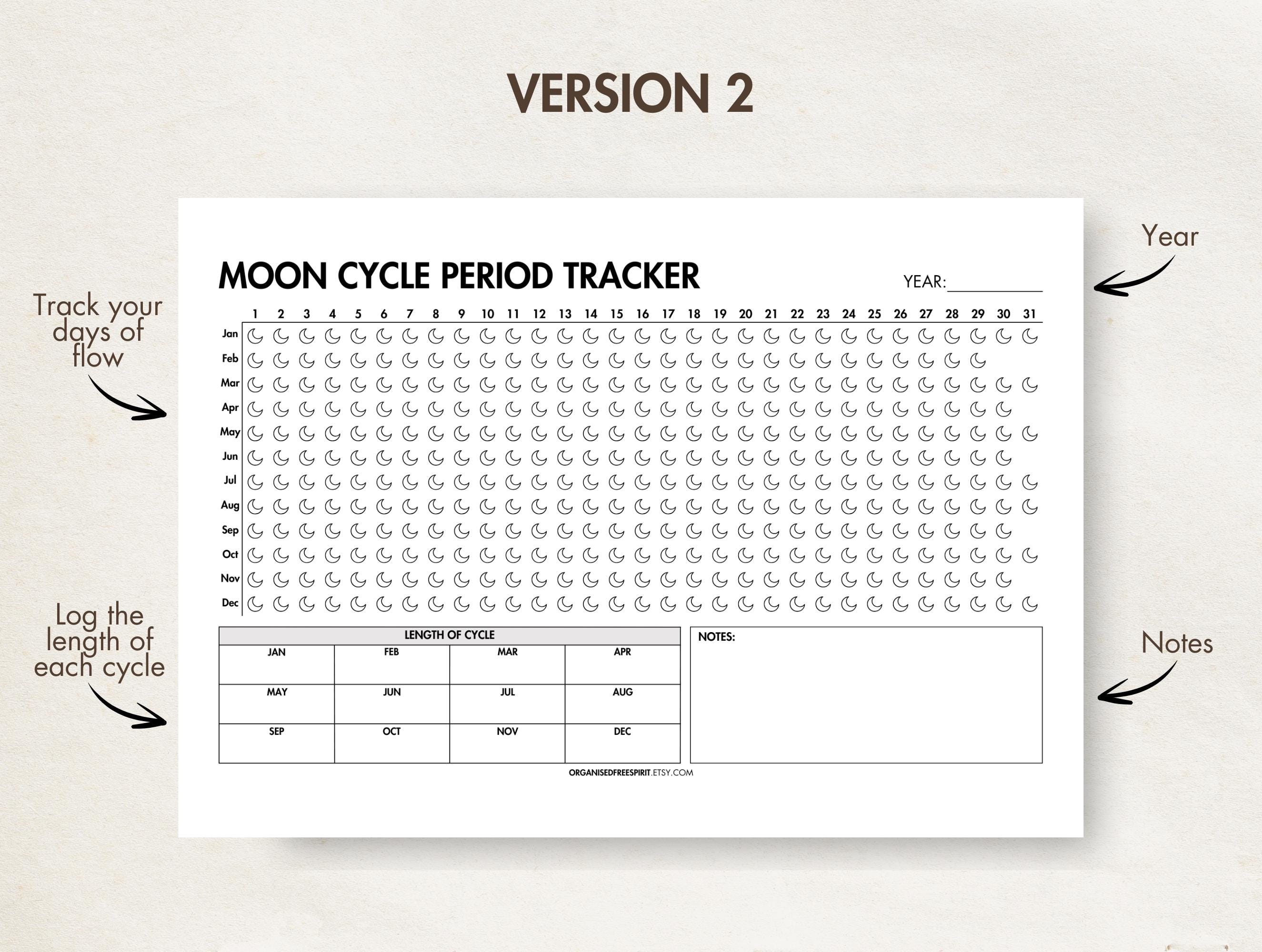 Moon Cycle Period Tracker Printable & Digital Period Log Annual ...