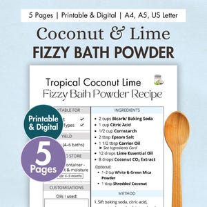 DIY Tropical Coconut Lime Fizzy Bath Powder Recipe Printable | Digital Homemade Epsom Salt Bath Soak Card | Baking Soda & Mica Powder