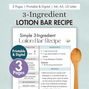 DIY Simple 3-Ingredient Lotion Bar Recipe Printable | Digital Lotion Bar Recipe Card | Natural Handmade Solid Lotion for Sensitive Skin
