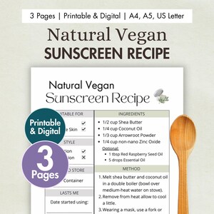 DIY Vegan Sunscreen Recipe Printable | Digital Homemade Vegan Suncream with Zinc Oxide | Natural Zero Waste Sunblock Recipe Card