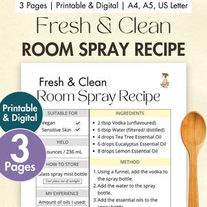 Afdrukbaar recept voor DIY Fresh & Clean Room Spray | Receptkaart digitale luchtverfrisser | Zelfgemaakte etherische oliën voor aromatherapie - tea tree, citroen
