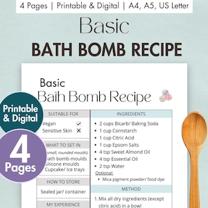 DIY Basic Badebombe Rezept Karte Printable & Digital Badebombe Planer Hausgemachte Badebomben Zutaten Blatt Vorlage Natürlich Selbstgemacht