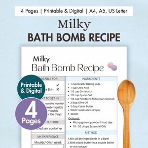 DIY Milky Bath Bomb Recipe Printable | Digital Natural Bath Bomb Recipe Card | Homemade Bath Bombs with Milk, Cocoa Butter & Essential Oils