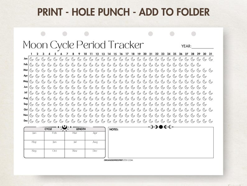 Moon Cycle Period Tracker Printable & Digital Period Log Annual ...