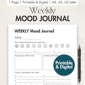 Wekelijks stemmingsdagboek Afdrukbaar en digitaal stemmingsoverzicht Emotietracker Stemmingsdagboek Welzijnsjabloon Wellnessdagboek Geestelijke gezondheid Check-in