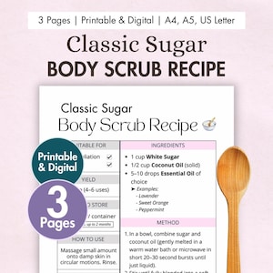 DIY Classic Sugar Scrub Recipe Printable Card | Digital Homemade Coconut Oil & Essential Oil Exfoliator for Smooth Natural Glowing Skin