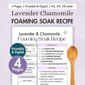 DIY Lavender & Chamomile Foaming Bath Soak Recipe Printable + Digital Card | Homemade Epsom Salt Bath | Natural Oatmeal and Essential Oils