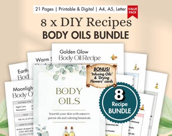 8 x DIY Body Oil Recipes Printable | Natural Moisturising Oil for Glowing Skin | Botanical & Aromatherapy Massage Oil Card Digital BUNDLE