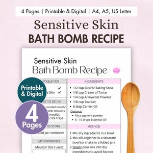 DIY Sensitive Skin Bath Bomb Recipe Printable | Digital Natural Bath Bomb Card | Homemade Bath Bombs with Bicarb, Arrowroot & Essential Oils