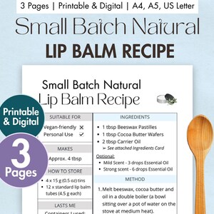 Receita de protetor labial de Bach pequeno para imprimir | Cartão digital de pomada labial natural | Pomada caseira para cuidados labiais com cera de abelha, cacau e óleo essencial