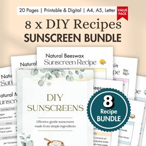 Paquete de 8 recetas de protector solar casero imprimibles/crema solar digital casera con óxido de zinc/tarjeta de protección solar con color natural vegana para pieles sensibles