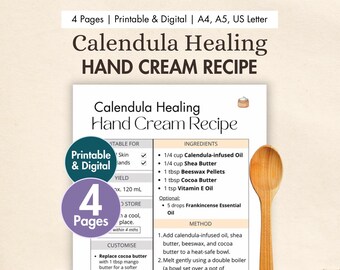 DIY Calendula Healing Hand Cream Recipe Printable | Nourishing Botanical Body Lotion, Dry Cracked Skin | Natural Moisturiser | Digital PDF