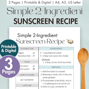 DIY einfaches 2-Zutaten Sonnenschutzrezept Printable & Digital | Selbstgemachte Sonnencreme Rezeptkarte | Natürliche Zero Waste Sonnencreme mit Zinkoxid