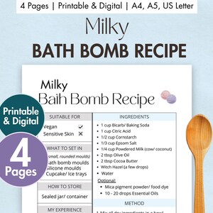 DIY Milky Badebombe Rezept Karte Printable & Digital Badebombe Planer Hausgemachte Badebomben Zutaten Blatt Vorlage Natürlich Selbstgemacht