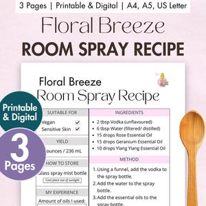 Recept afdrukbaar recept voor DIY Floral Breeze Room Spray | Receptkaart digitale luchtverfrisser | Zelfgemaakte aromatherapieremedie met essentiële rozenoliën