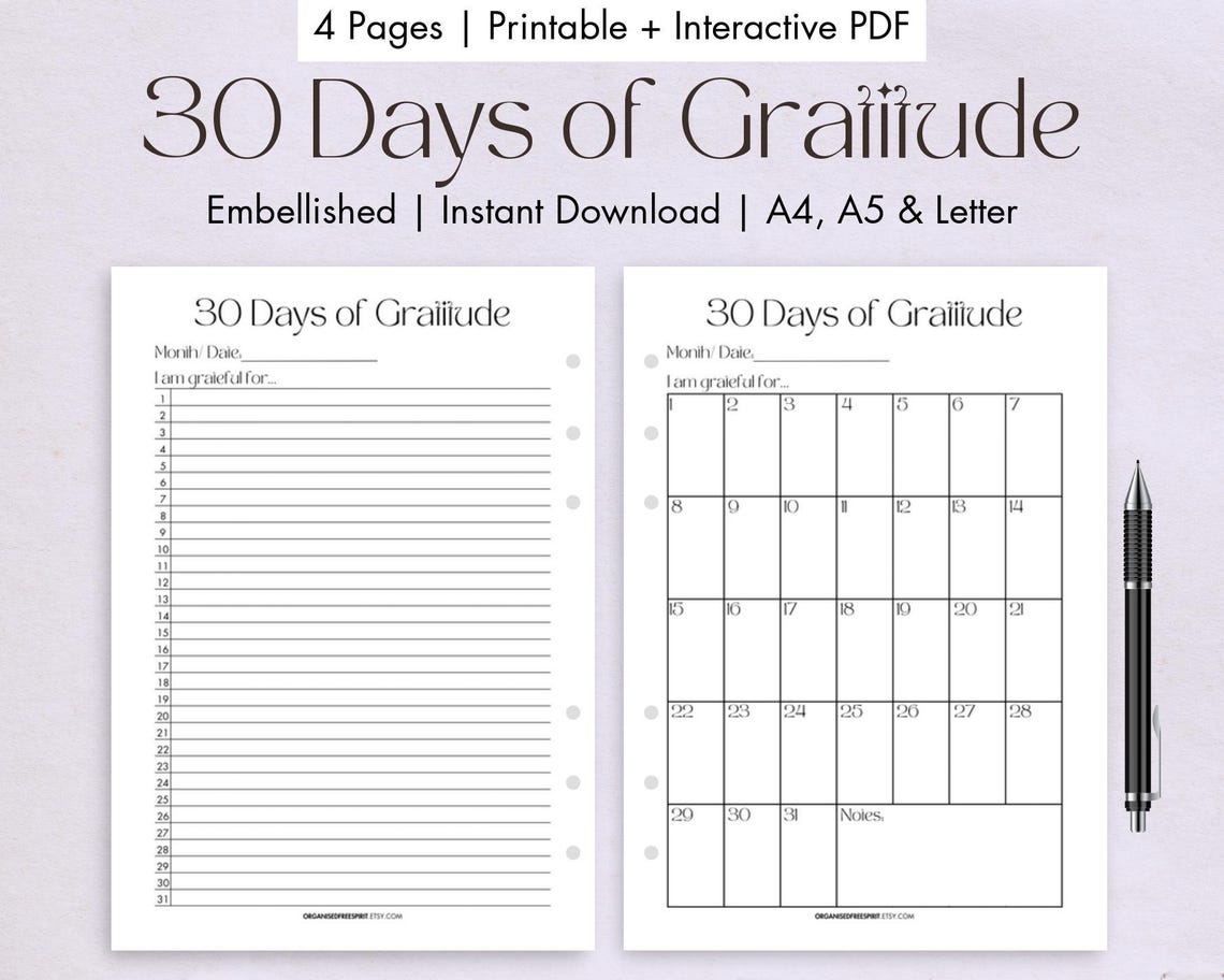 30 Days of Gratitude Journal Printable Digital Monthly Gratitude ...