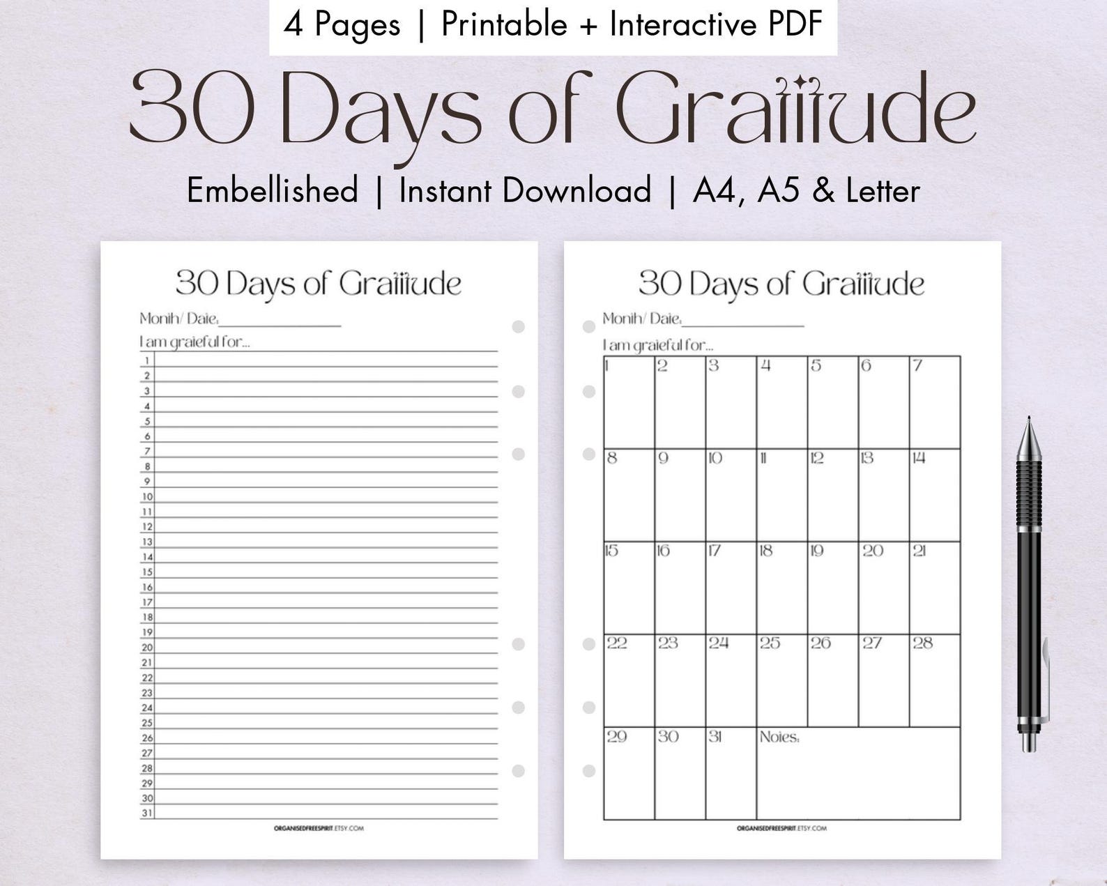 30 Days of Gratitude Journal Printable Digital Monthly Gratitude Calendar Gratitude Journal ...
