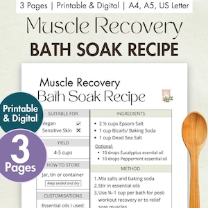 DIY Muskel-Recovery-Bad-Soak Rezept Karte zum Ausdrucken | Digitales Bad mit Ätherischen Ölen | Natürliches Bad nach dem Training einweichen Vorlage