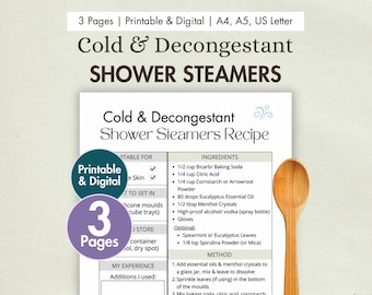 DIY Cold & Decongestant Shower Steamers Recipe Printable | Digital Shower Melts Card | Homemade Shower Bombs Natural Aromatherapy Flu Remedy