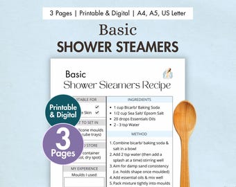 DIY Basic Shower Steamers Recipe Printable | Digital Shower Melts Card | Homemade Shower Bombs Aromatherapy - Baking Soda & Essential Oils